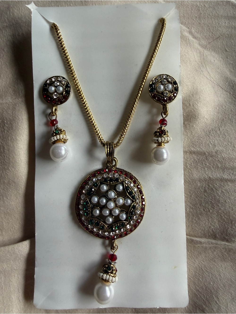 Gold-Tone Pearl & Multistone Pendant Necklace and Earrings Set